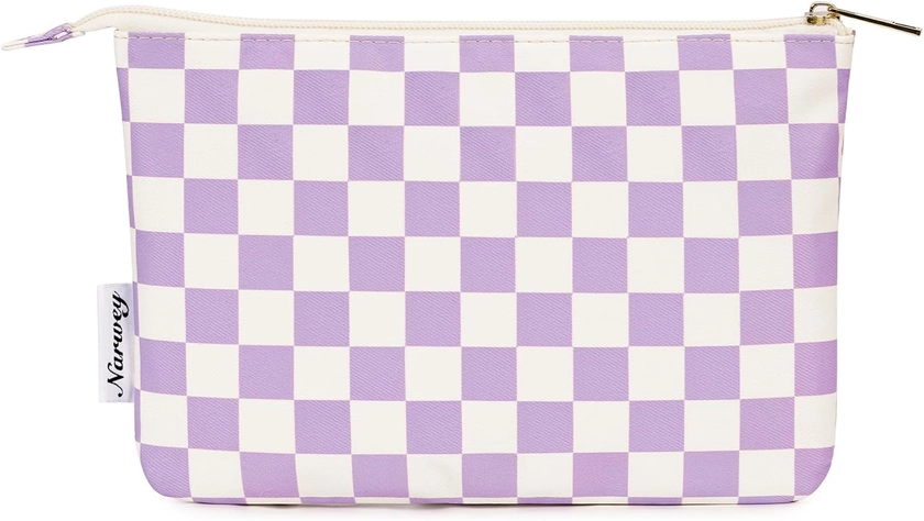 Narwey Small Makeup Bag for Purse Travel Makeup Pouch Cosmetic Bag Zipper Pouch Bags for Women (Purple Checkerboard)