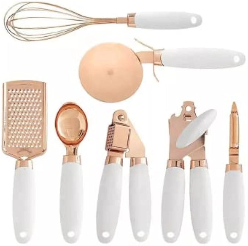 7 Pcs Kitchen Gadget Set Rose Gold Kitchen Utensils Stainless Steel Cooking Utensils with Soft Touch Handles Heat Resistant Non Stick White