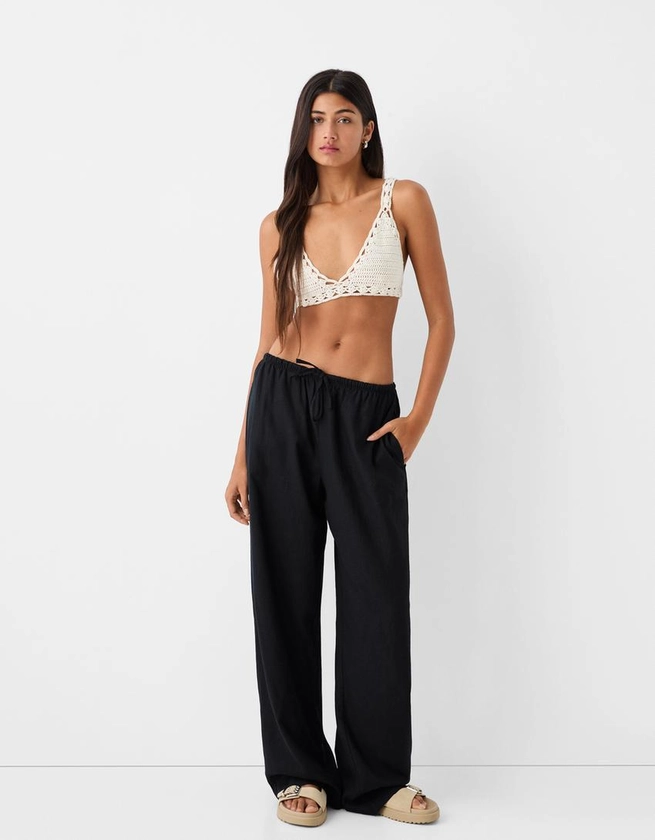 Pantalon straight lin mélangé taille élastique - BSK Teen