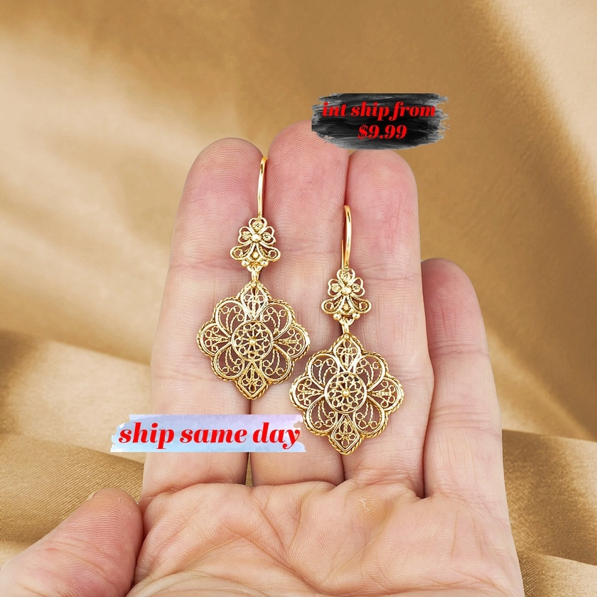 Gold Plated / 925 Sterling Silver Lace Detailed Earrings, Handmade Solid Silver Filigree Art Flower Dangle Drop Earrings for Women and Girls - Etsy UK