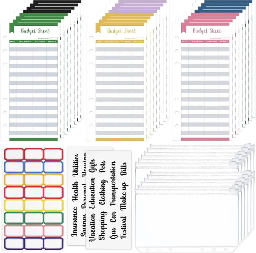 TAOPE Accessoires de Classeur Budget A6, 6 Trous Dossiers en plastique à Fermeture Éclair Étanche Sacs à Feuilles Mobiles et 24 Feuilles de Budget et Ensemble d'autocollants pour Cartes Argent