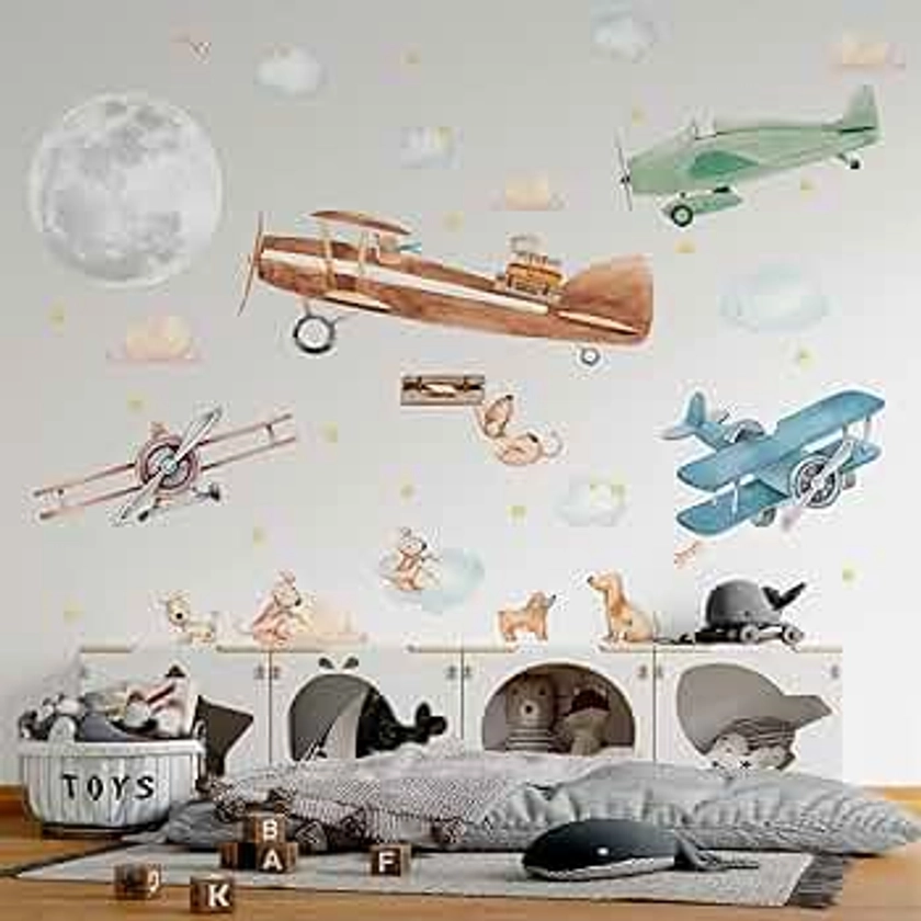 Large Airplane Wall Decals for Kids by Lipastick - 68 pcs Premium Kids Wall Stickers Aircrafts - Creative Nursery Wall Decal - Plane Vinyl Wall Decals for Baby Nursery Children Room Bedroom L Size