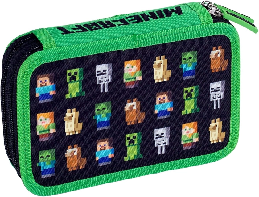 Single Pencil Case Without Equipment, 2 Flaps MINECRAFT, Black/Green, Standard Size, Video Game Design