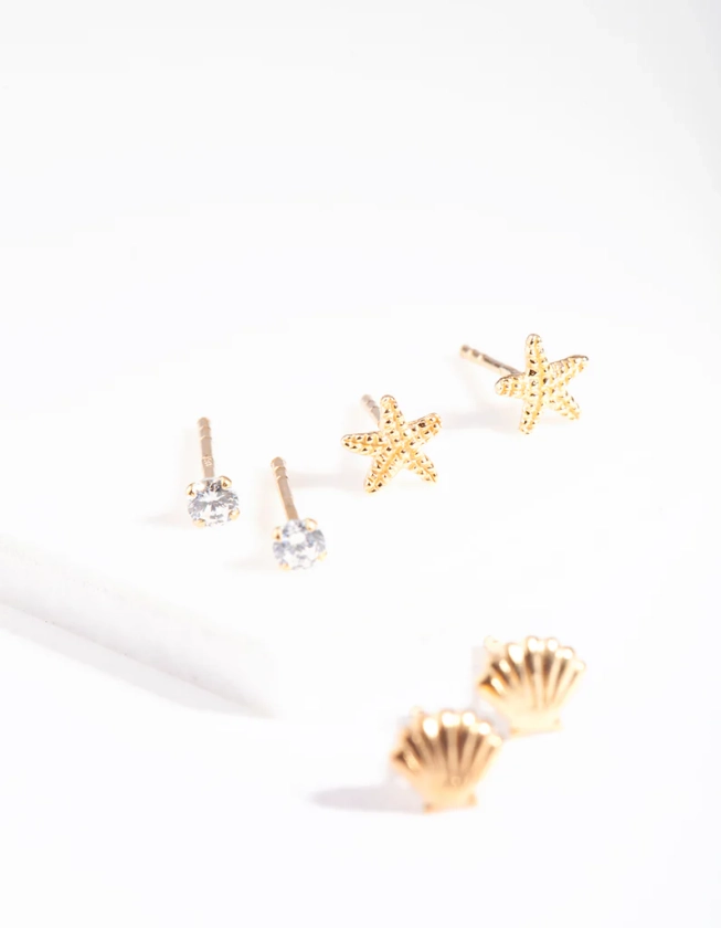Gold Plated Sterling Silver Seaside Stud Earring Pack