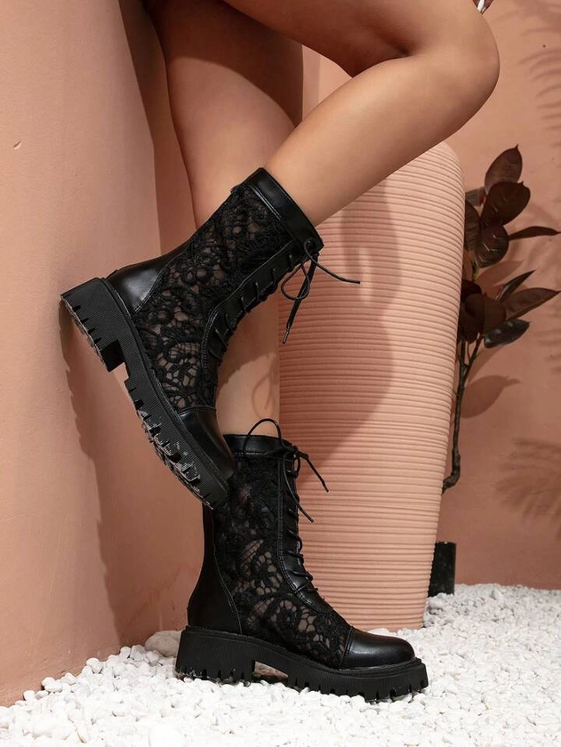 Botas De Encaje De Red Con Tacón Grueso Y Plataforma Ancha Para Mujeres, Negro, Verano