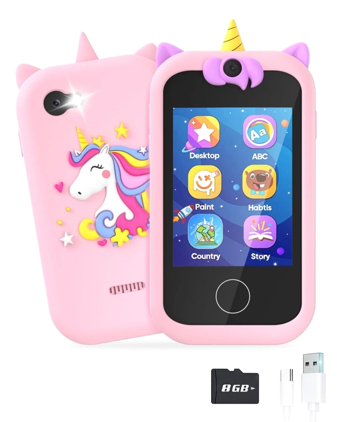 Prysyed Kids Toy Phone for Toddlers, Christmas Birthday Unicorns Gifts for 3 4 5 6 7 8 Years Old Girls, Electronic Learning Toy for Girls Age 3-11 with Dual Camera 8G SD Card