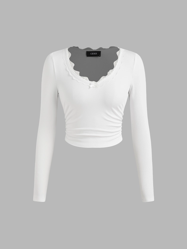 City Chic Knit Fabric V-neck Solid Bowknot Lace Ruched Long Sleeve Crop Top For Daily Casual