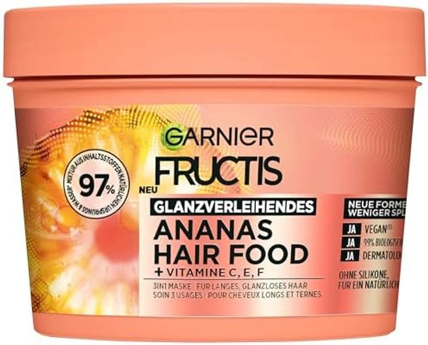 Garnier Pineapple 3-in-1 Mask for Long Dull Hair, Leave In for Shine and Flexibility, Vegan Formula with Natural Ingredients, Fructis Hair Food, 1 x 400ml : Amazon.com.be: Beauty