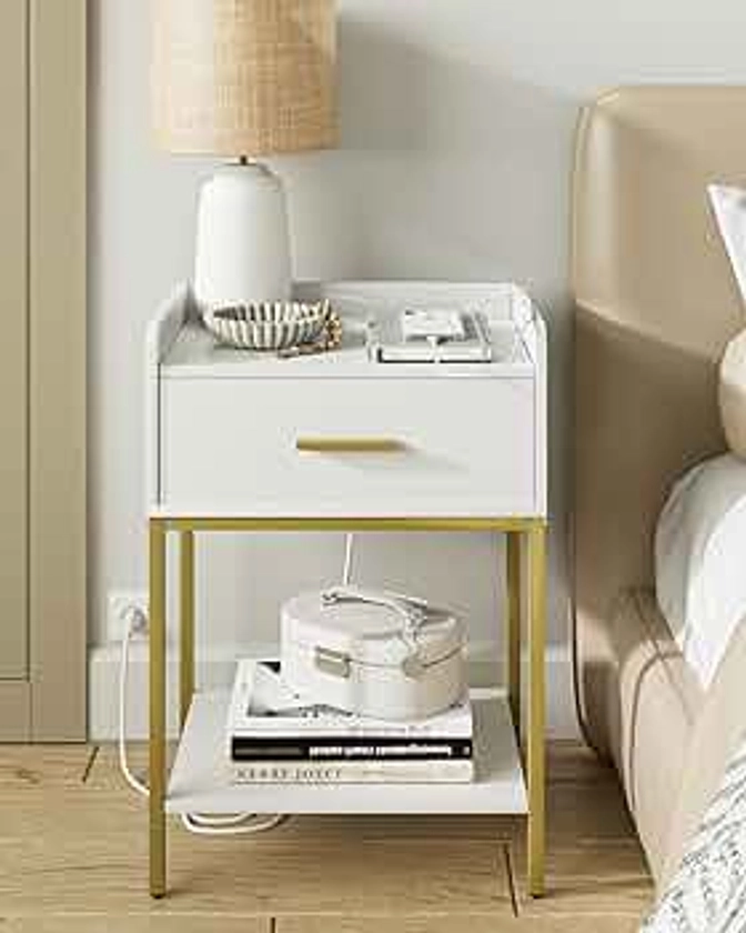 Nightstand with Charging Station,Bedside Table with Drawer and 2 Shelf Storage, Small Side Table, Modern White Night Stand, Tall End Table for Bedroom, Living Room