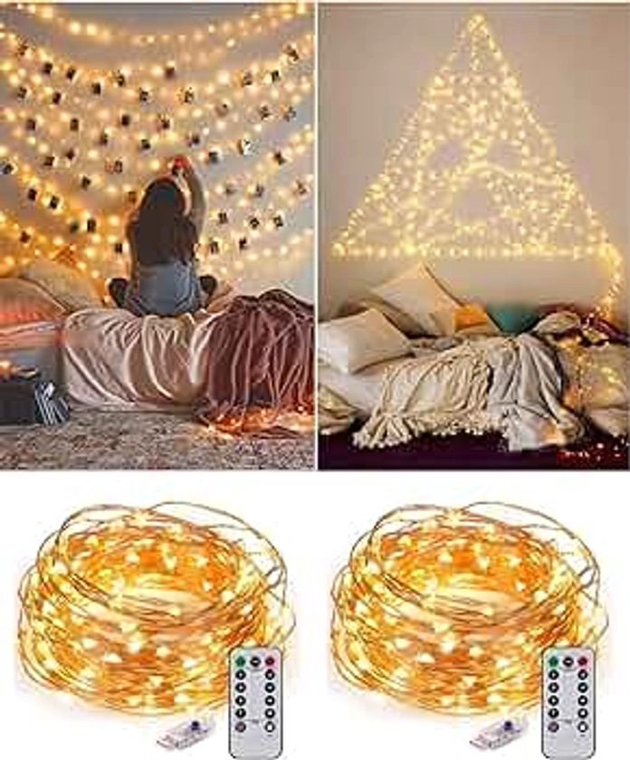 2 Pack USB Fairy Lights Plug in [Each 66 ft 200 LED] Twinkle String Lights with Remote and Timer 8 Modes Copper Wire Mini Starry Lights for DIY Christmas Wedding Party Bedroom Decorations, Warm White