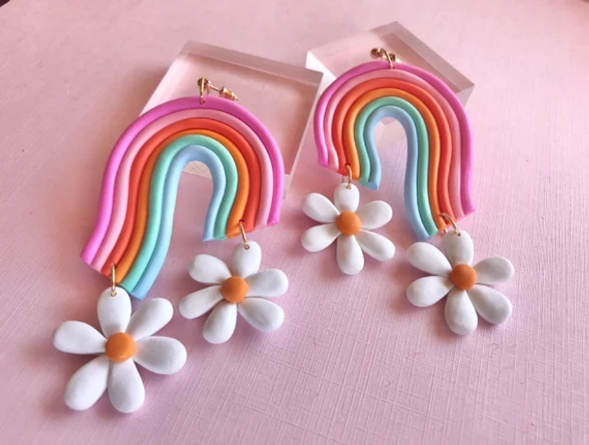 Groovy Oversized Colorful Rainbow Daisy Statement Earrings/ Retro hippie earrings/ funky earrings/ y2k aesthetic jewelry/ fun jewelry