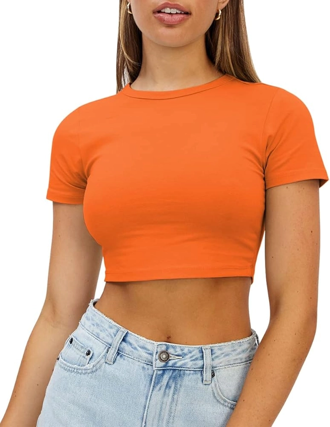 WYNNQUE Womens Crop Tops Cute Summer Scoop Neck Basic Tees Slim Fit Trendy Short Sleeve T Shirts for Teen Girls 2024