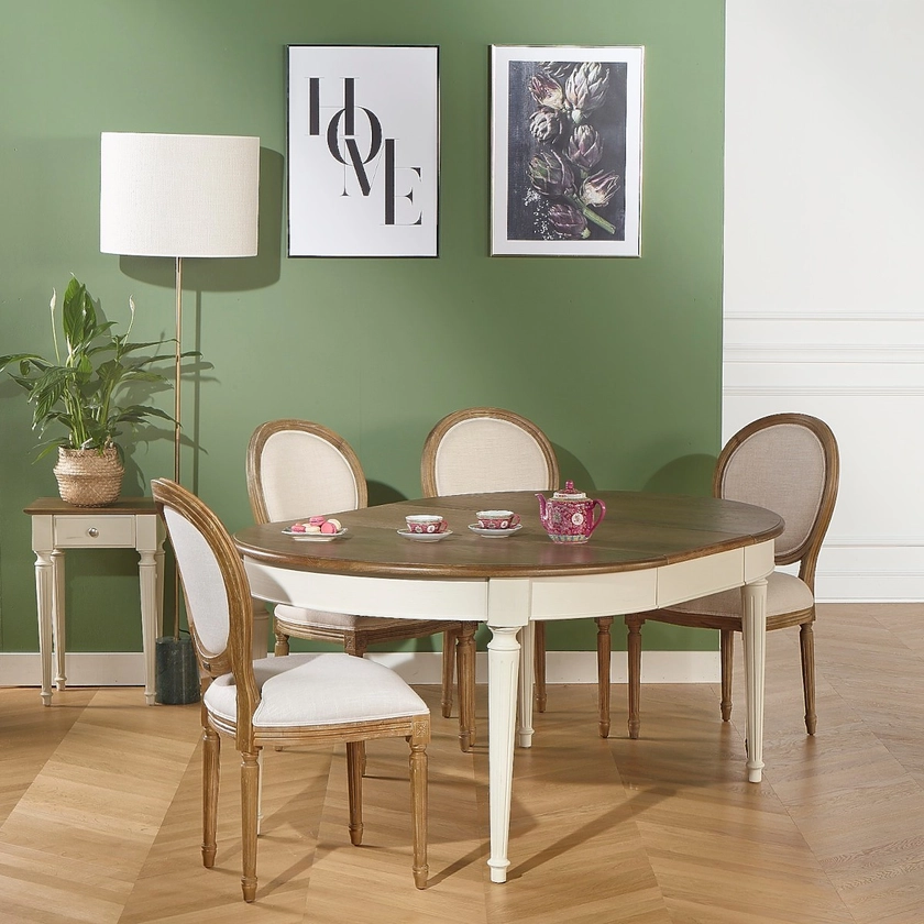 Table de repas extensible blanche style romantique, 4 à 10 personnes