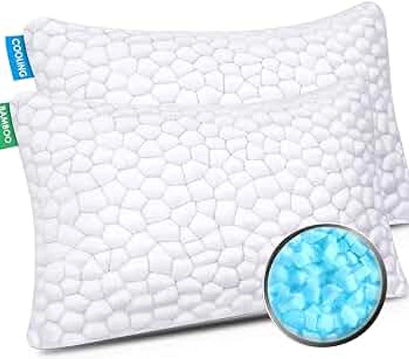 Standard Pillows Set of 2 Cooling Bed Pillows for Sleeping, 2 Pack Standard Size Shredded Memory Foam Pillows Adjustable Cool Pillow for Side Back Stomach Sleepers - Luxury Gel Pillows Standard