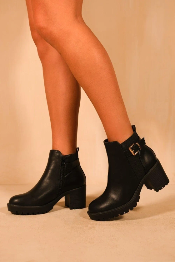 Boots | 'Kali' Mid Block Heel With Buckle Detail Stretch Ankle Boots | Where's That From