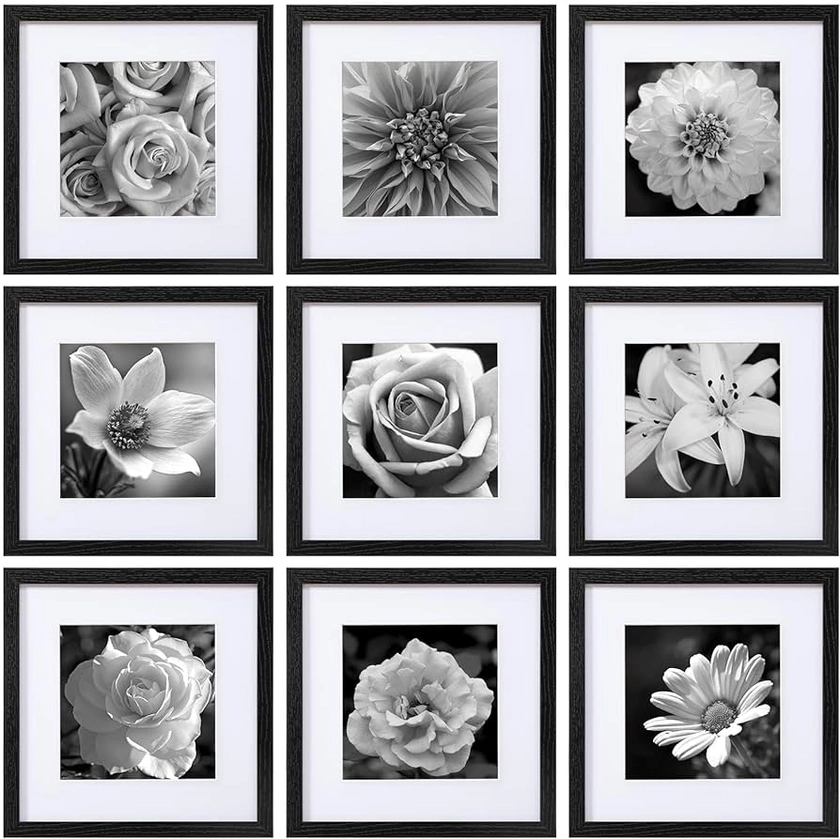 eletecpro 12x12 Picture Frames Black Set of 9, Wooden Square Frame Displays 8x8 with Mat and 12x12 without Mat, Poster Frame for Wall Hanging