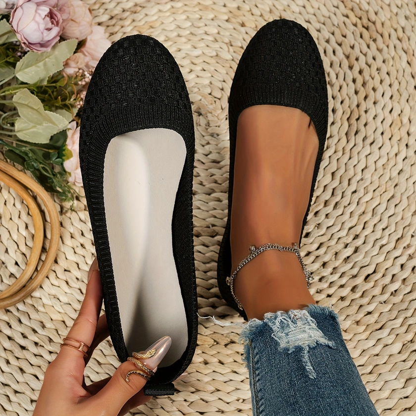Women&#39;s Knitted Flat Shoes, Solid Color Low Top Slip On Shoes, Comfy Breathable Soft Sole Flats For Casual Wear