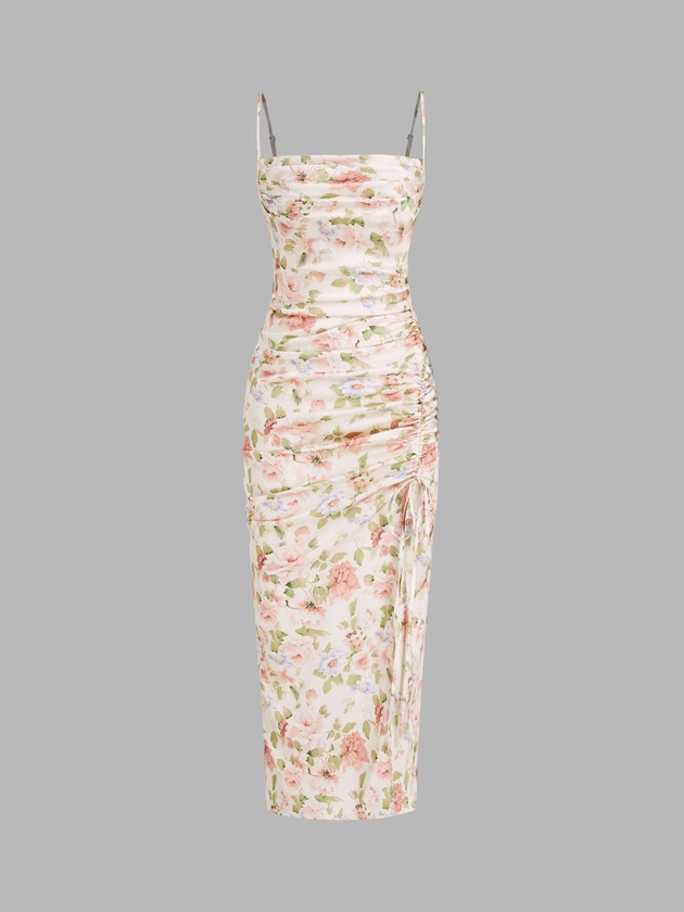 Robe midi froncée à cordon floral avec col carré tissé