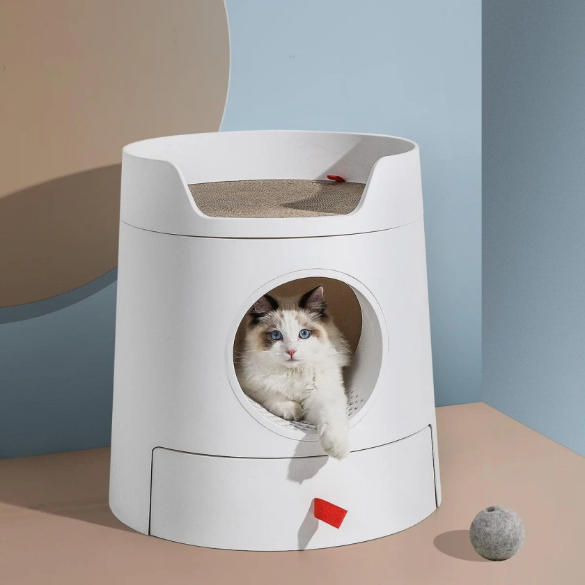 Michu XL Castle 2-in-1 Semi- Closed Cat Litter Box with Scratch Basin & Scoop Included, White