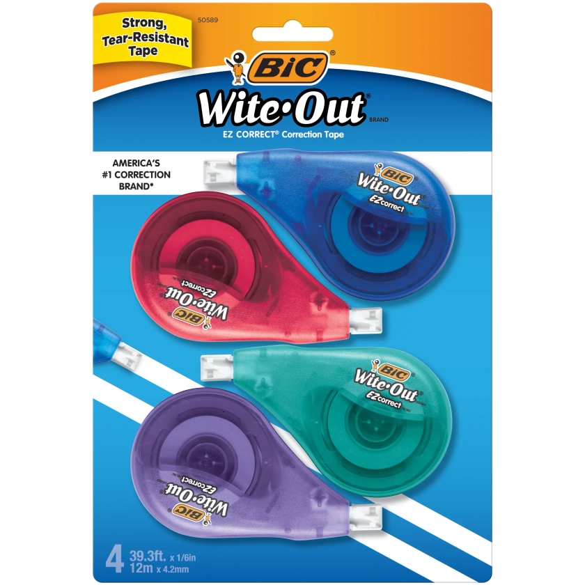 BIC Wite-Out Brand EZ Correct Correction Tape, White Tape, Applies Dry For Instant Fixes, Colorful Dispensers, 4 Count - Walmart.com