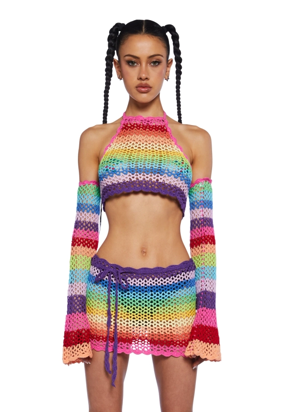 Club Exx Crochet Festival Rave Rainbow Halter Top - Multi