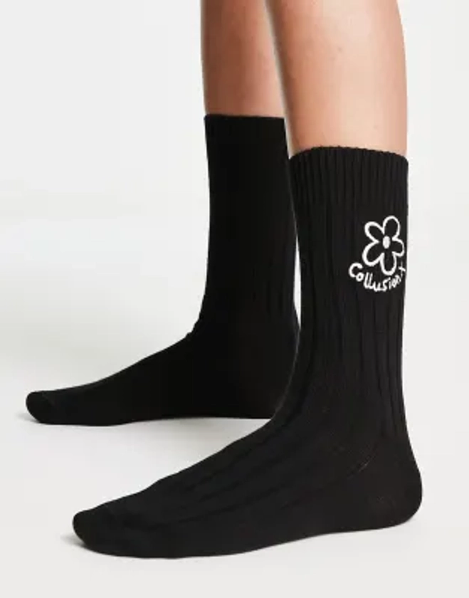 COLLUSION Unisex socks with flower logo in black | ASOS