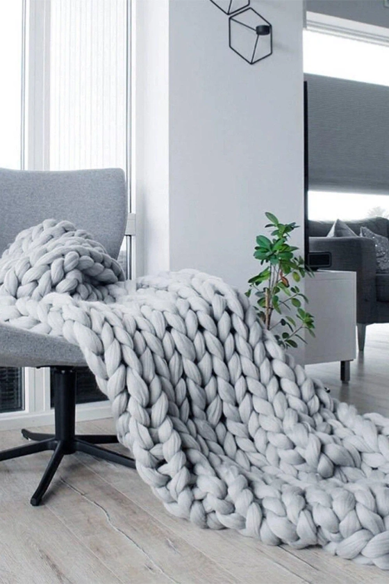 Soft Furnishings | 120cm L x 100cm W Chunky Knit Throw Blanket Handwoven Home Decor | Living and Home