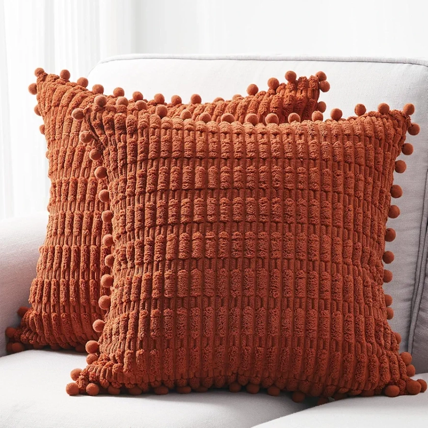 Topfinel Set of 2 Burnt Orange Decorative Throw Pillow Covers 20x20 Inch with Cute Pom-poms for Couch Sofa Bed Living Room,Soft Corduroy Square Euro Cushion Case,Rust Western Summer Home Decor