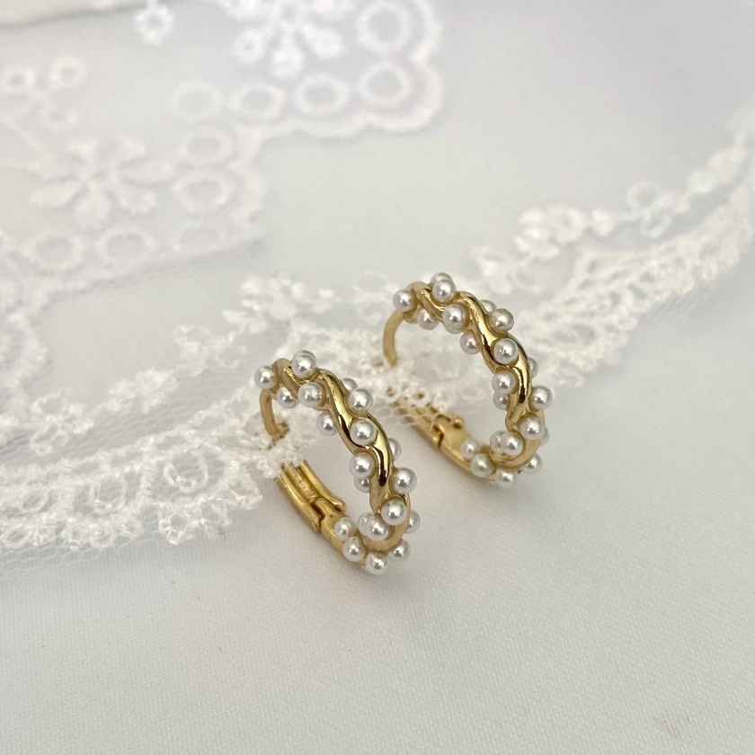 Mini Pearl Gold Huggie Hoop Earrings