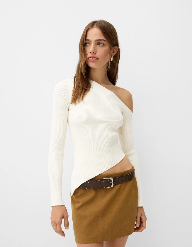 Pull asymétrique maille côtelée - Femme