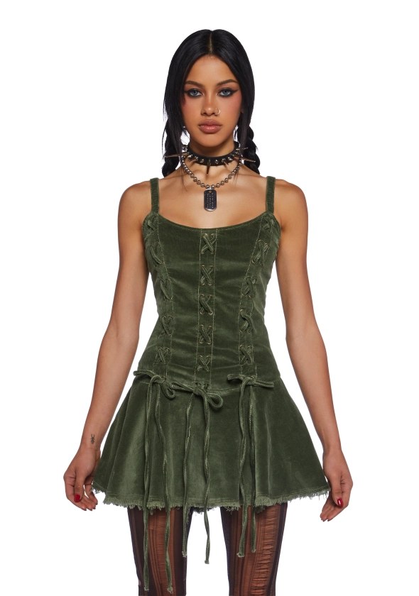 Current Mood Corduroy Mini Dress With Lace Ups - Green