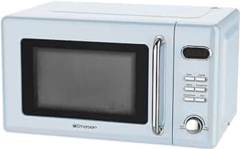 Emerson MWR7020BL Retro Compact Countertop Microwave Oven with Button Control, LED Display, 700W 5 Power Levels, 8 Auto Menus, Glass Turntable and Child Safe Lock, 0.7, Thunderbird Blue
