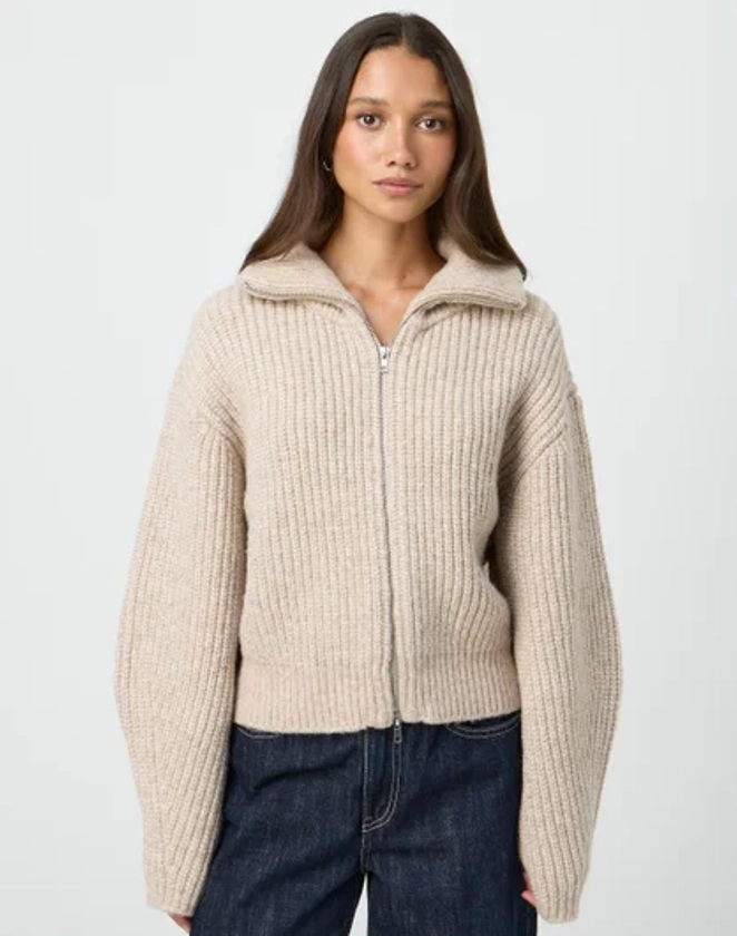 Chunky Rib Zip Up Knit in Neutral | Glassons