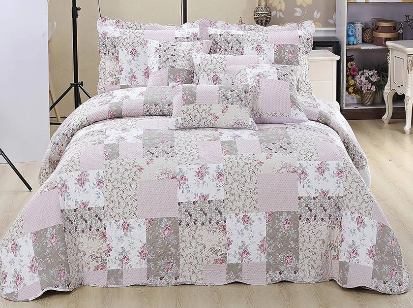 Prime Linens Luxury Quilted Patchwork Bedspread Bed Throw 3 Piece Bedding Set Includes Comforter & 2 Pillow Shams Floral Design Coverlet Embroidered (Zurich, King) : Amazon.co.uk: Home & Kitchen