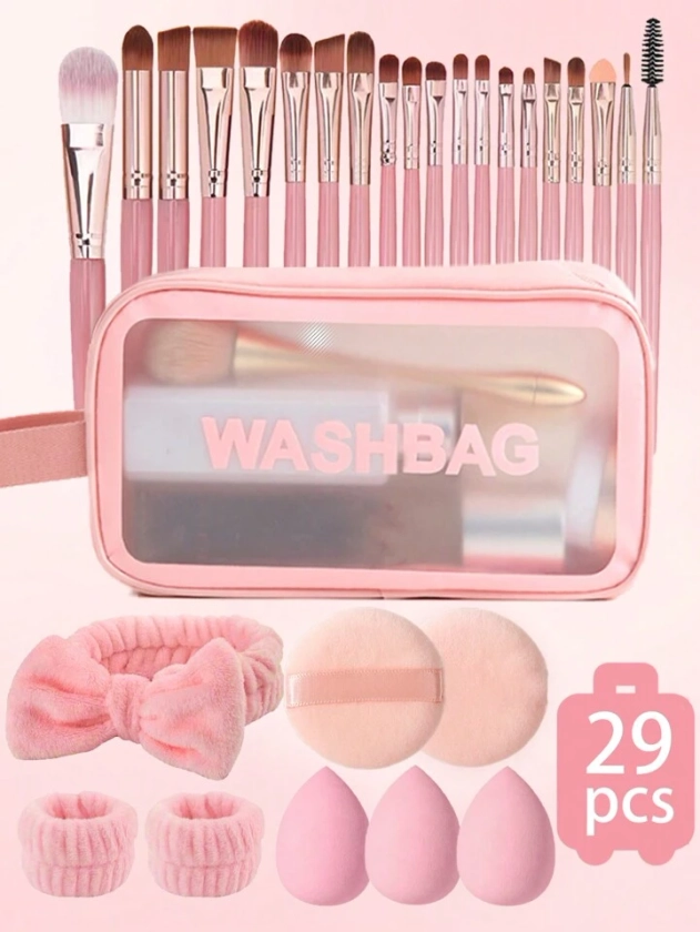 29pcs Makeup Brush Set, Including: 1pc Makeup Brush Holder, 20pcs Makeup Brushes, 3pcs Makeup Sponges, 1pc Headband, 2pcs Wristbands, 2pcs Puff, Makeup Brush Set, Makeup Bag, Portable Makeup Tools Kit, Facial Makeup Tools, Makeup Storage Bag, Large Capacity Cosmetic Bag, Waterproof Toiletry Bag, Suitable For Makeup, Eyeshadow Palette, Makeup Brushes, Liquid Eyeshadow, Powder, Eyeliner, Lipstick, Lip Gloss, Lip Brush, Eyeshadow Brush, Powder Brush, Foundation Brush, Hair Gel, False Eyelashes, Eyelash Glue, Shower Cap, Perfume, Lipstick Storage, Suitable For Travel, Vacation, Party, Gathering, Business Trip, Office