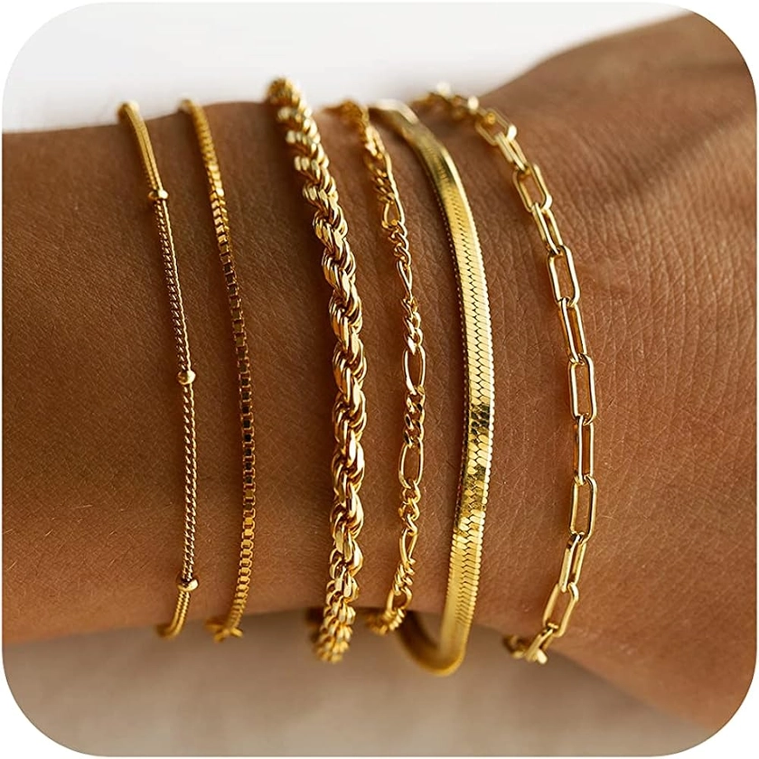 DEARMAY Gold Bracelets for Women Waterproof, 14K Real Gold Jewelry Sets for Women Trendy Thin Dainty Stackable Cuban Link Paperclip Chain Bracelet Pack Fashion Accessories Gifts for Womens