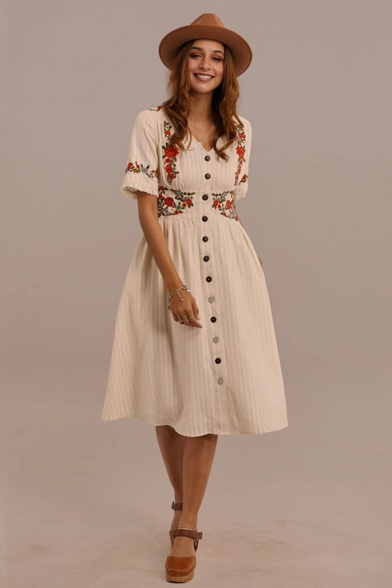 White Half Sleeve V Neck Cotton Embroidered Midi Dress