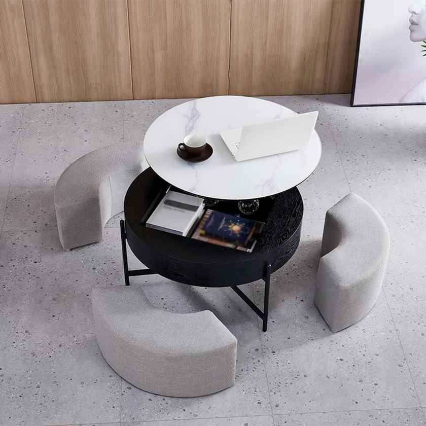 Round Lift-Top Coffee Table with Storage White & Black without Stools | Homary UK