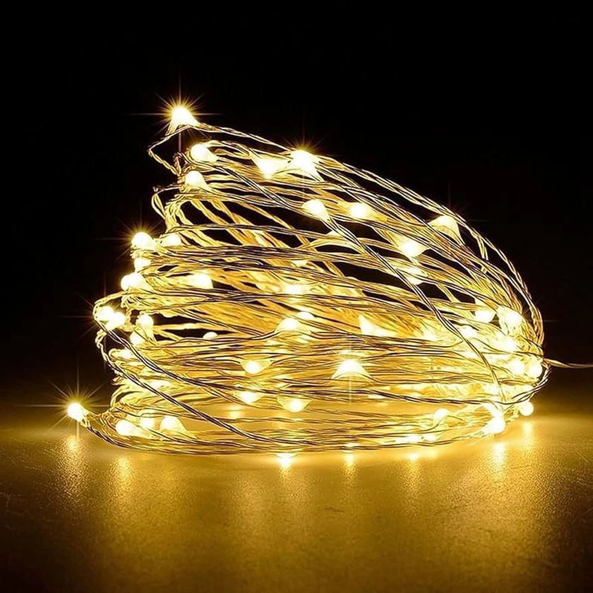 Jsdoin Guirlande lumineuse à 50 LED et à piles en fil de cuivre pour éclairage intérieur et extérieur, chambre, décoration de mariage, fête, Noël, décoration d'arbre (Blanc chaud, 1pièce 5M50Leds)