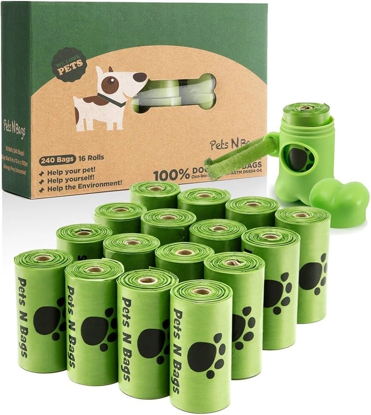 Amazon.com : Poop Bags, Environment Friendly Pets N Bags Dog Waste Bags, Biodegradable, Refill Rolls, Includes Dispenser (16 Rolls / 240 Count) : Pet Supplies