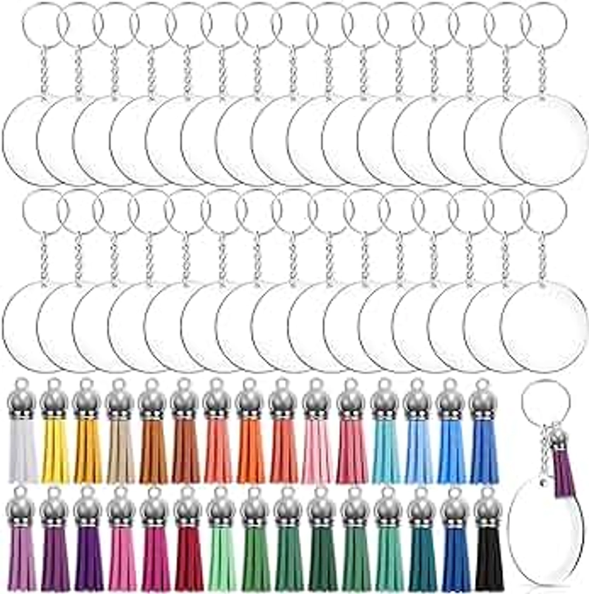 Duufin 120 Pcs Acrylic Keychain Blanks Tassels Set Including Acrylic Keychain Blanks Colourful Tassel Key Rings with Chain and Jump Rings for DIY and Craft (Round. Silver)