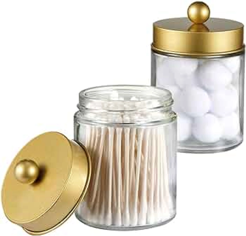 Apothecary Jars Bathroom Countertop Storage Organizer Canister - Cute Qtip Dispenser Holder Glass with Lid- for Cotton Swabs,Bath Salts,Hair Band / 2-Pack(Gold)