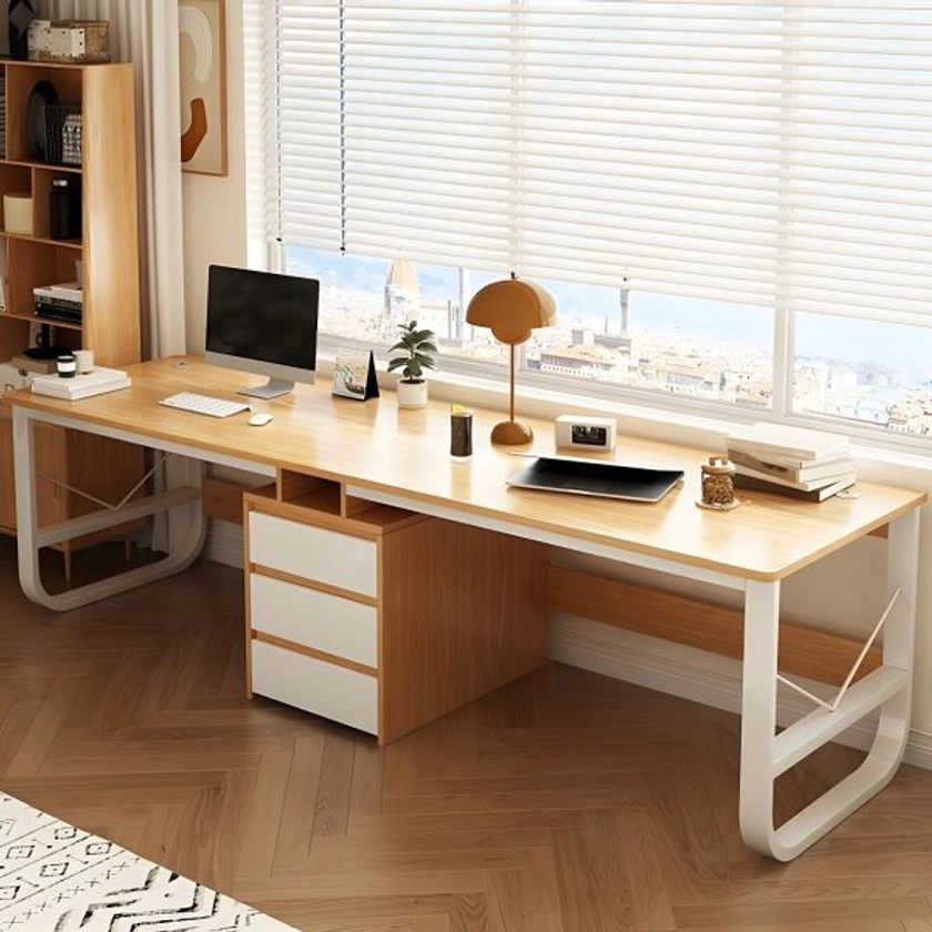 Modern White Writing Desk with Steel Sled Base, Cable Management, and 3 Drawers - Without Chairs 79"L x 20"W x 29"H Oak