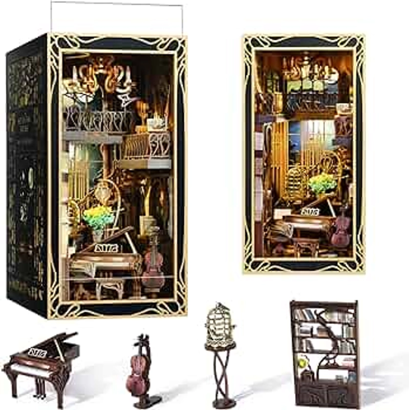DIY Book Nook Kit, Miniature Dollhouse Booknook Kit, 3D Wooden Puzzle Bookend Bookshelf Insert Decor with LED Light for Teens and Adults (Pianist with Nightingale)