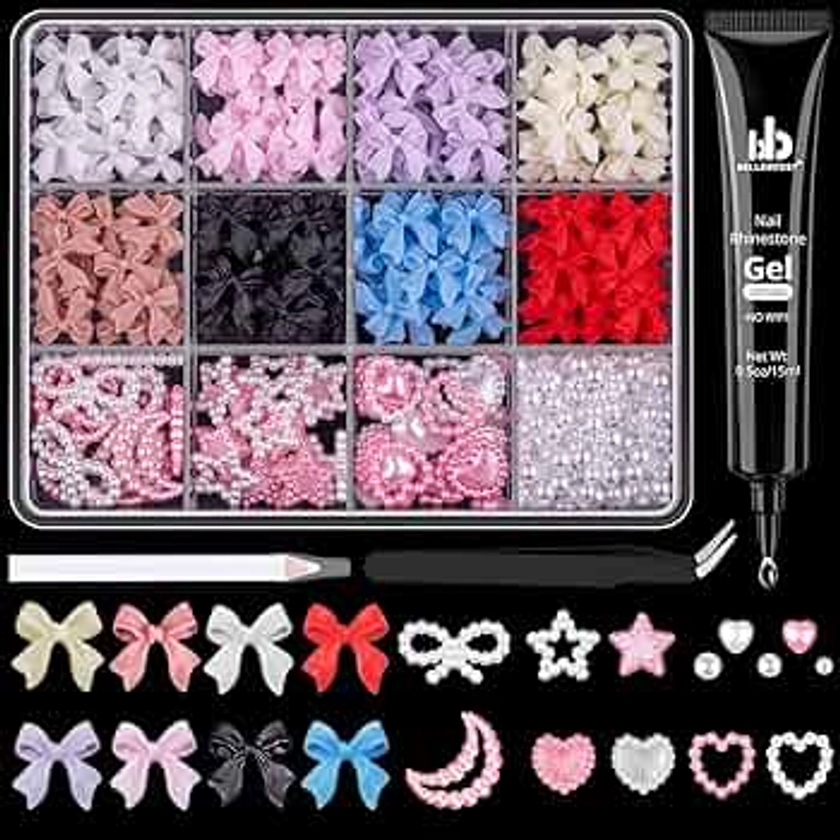 500 Pcs 3D Nail Charms and Flatback Pearls #1, 8 Colors Bow + Pink&White Star Heart Moon Cute Charms + 2-6mm White Pearls for Nail Art Design with Nail Charm Glue(UV Needed) and Pickup Tools
