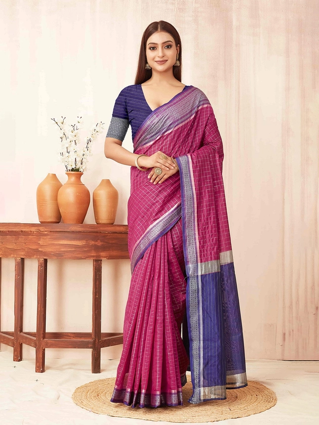 Silk Land Checked Zari Banarasi Silk Gadwal Saree