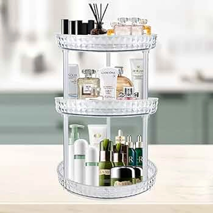 Rainmae 360 Rotating Makeup Organiser, Spinning 3 Tiers Acrylic Perfume Organiser, Skincare Cosmetic Organizer, Dressing Table Organiser for Lipsticks,Jewelry, Brush, Vanity Desk,Bathroom