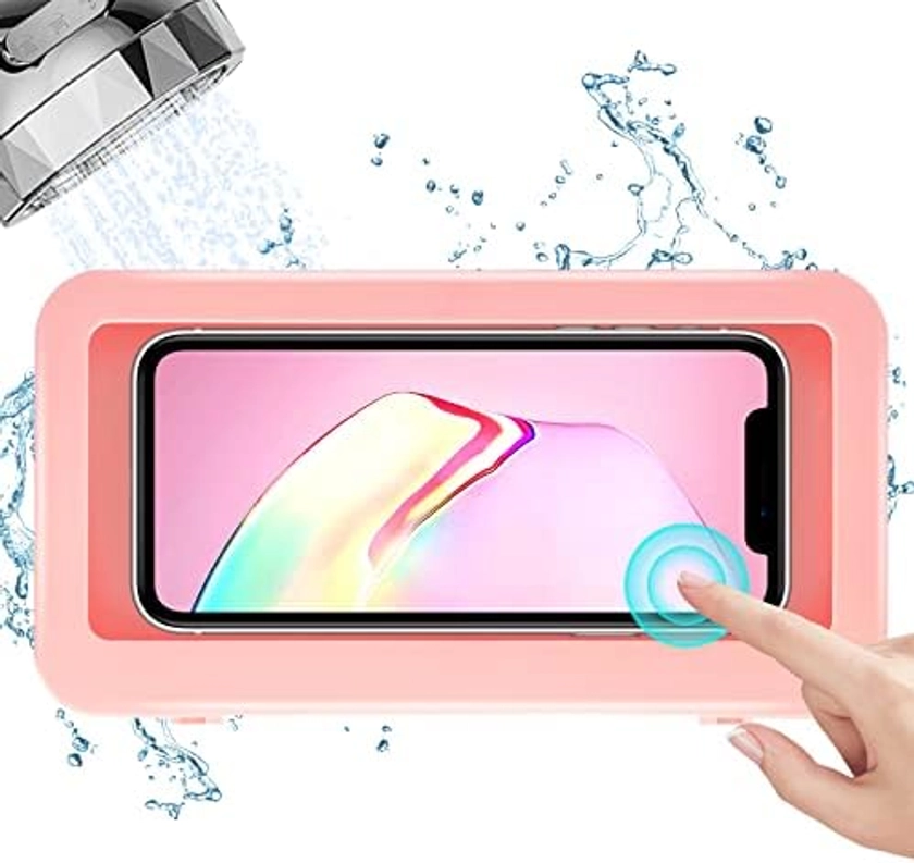 KUNSLUCK Waterproof Shower Phone Holder, Wall Mount Phone Holder for Shower Bathroom Mirror Bathtub, Anti-Fog Touch Screen Shower Phone Case (Pink)