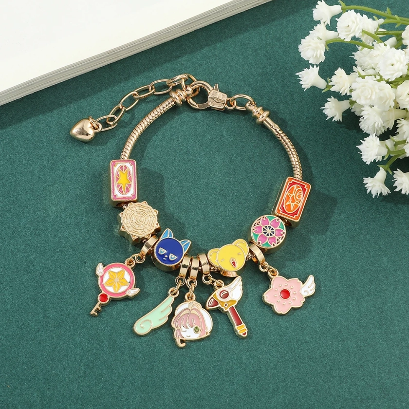 Bracelet à breloques Sakura Anime japonais, capteur de cartes, bracelet en métal, figurine de dessin animé, bijoux pour fille, cadeau pour enfant