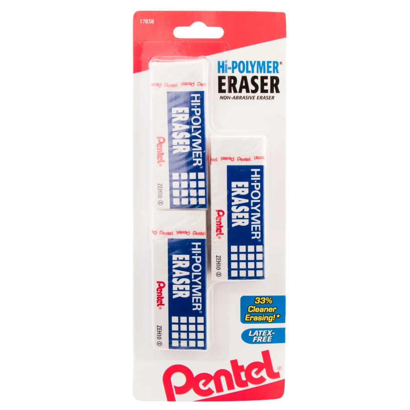 Pentel Hi-Polymer Block Eraser, Latex Free, White, Pack of 3 Erasers